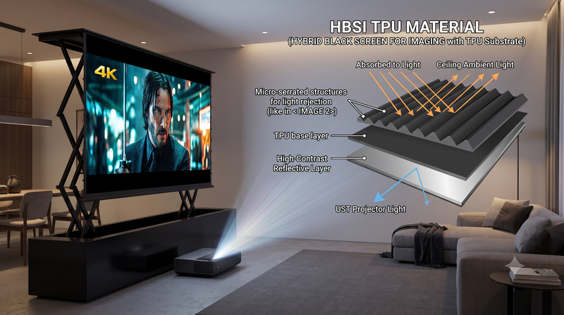 Motorized Floor-Rising UST Projector Screen (HBSI TPU) — TrueThrow projection